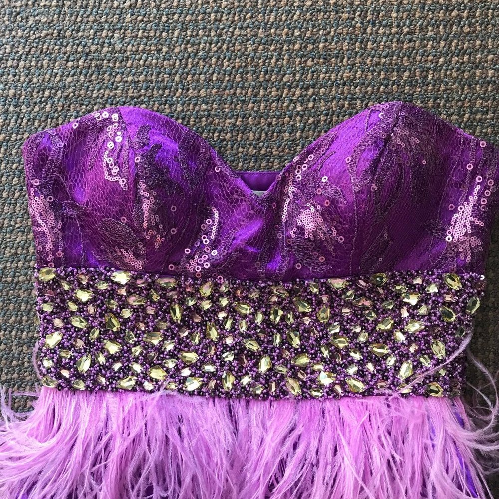 JOVANI PURPLE OSTRICH FEATHER & RHINESTONE PARTY DRESS